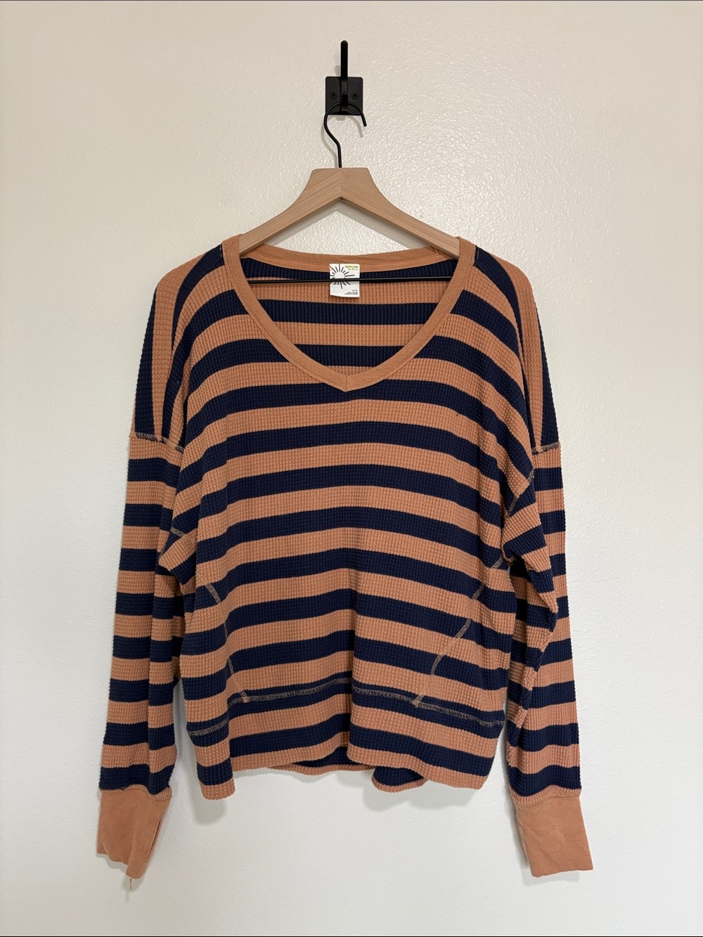 Aerie Wow! Striped Thermal Waffle Knit Oversized Long Sleeve Shirt Tan Small - Picture 4 of 10